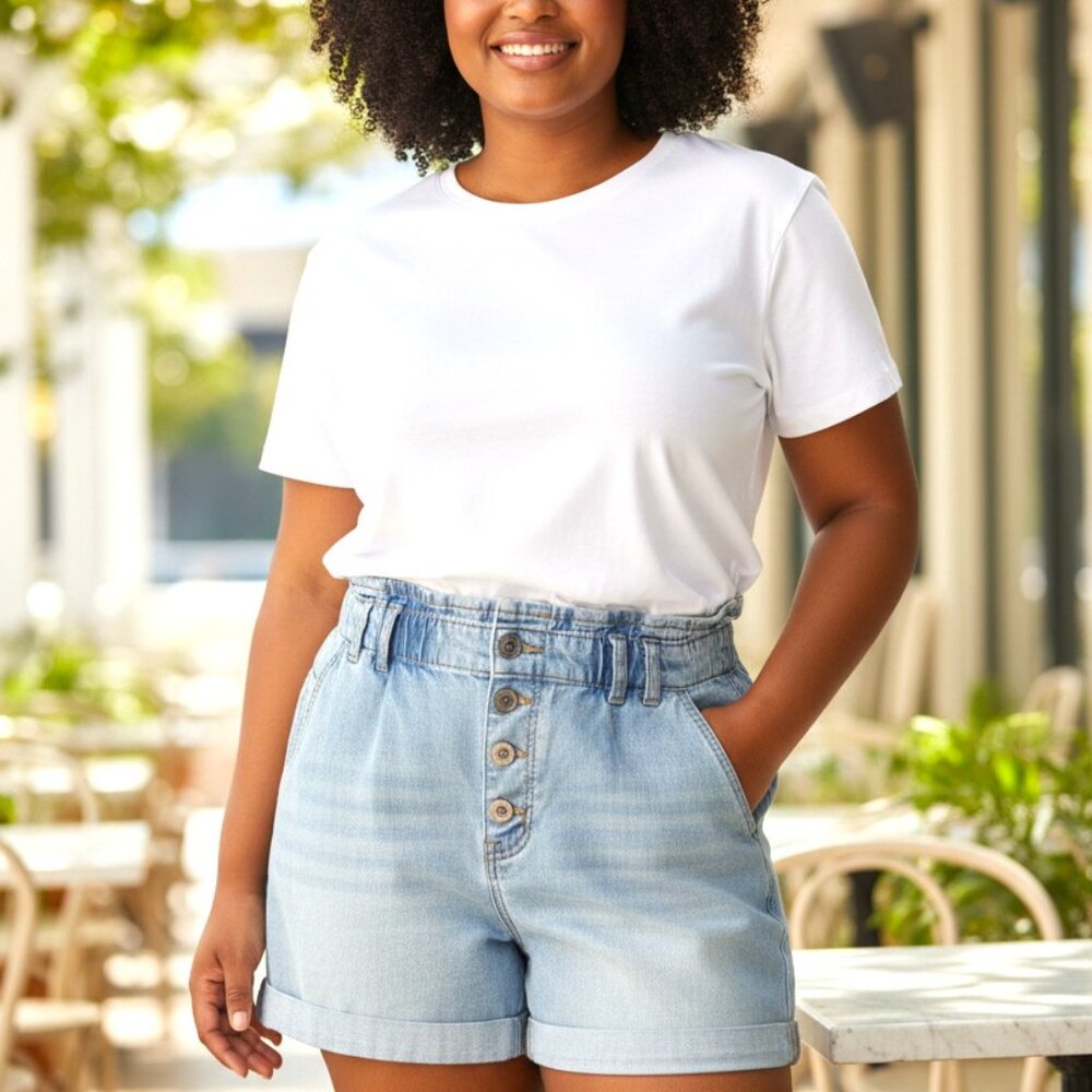 (A-25)No Boundaries Women’s Denim Shorts XL High Rise Elastic Waist Button Front